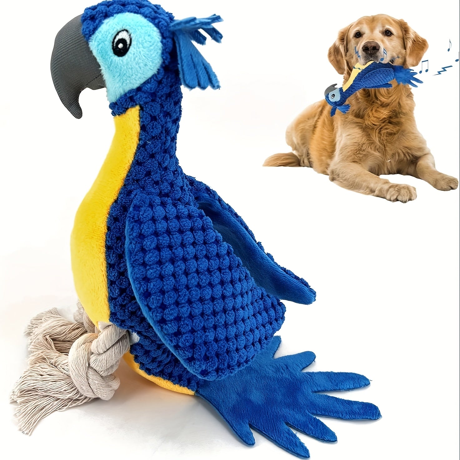 Squeaky Blue Crowned Parrot Plush Dog Toy with Rope - Durable Chew-Resistant Soft & Safe Design for Teething, Interactive Play for All Breeds & Sizes (Small to Large Dogs), Interactive Dog Toy | Cartoon Parrot Design | Durabl