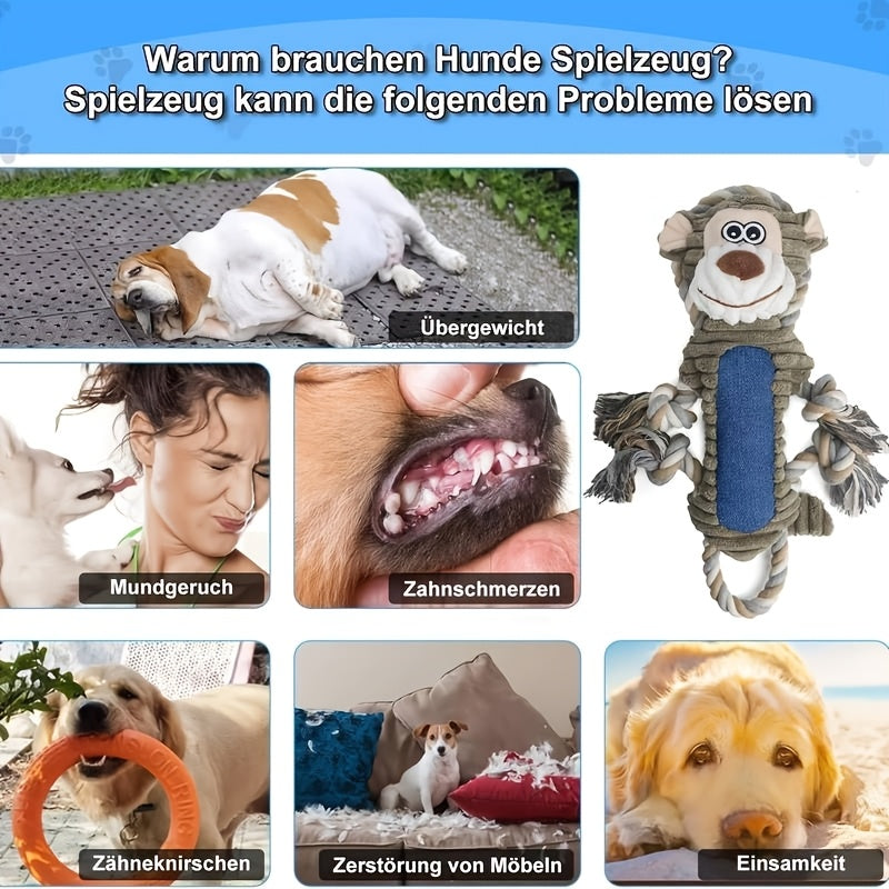 Interactive Squeaky Monkey Dog Toy with Pull String - Plush Chewable Loud Squeaker, for all Breed Sizes (Puppies & Dogs), Durable for teething & Solo/Interactive Play - Ideal Dog Chew Gift for &