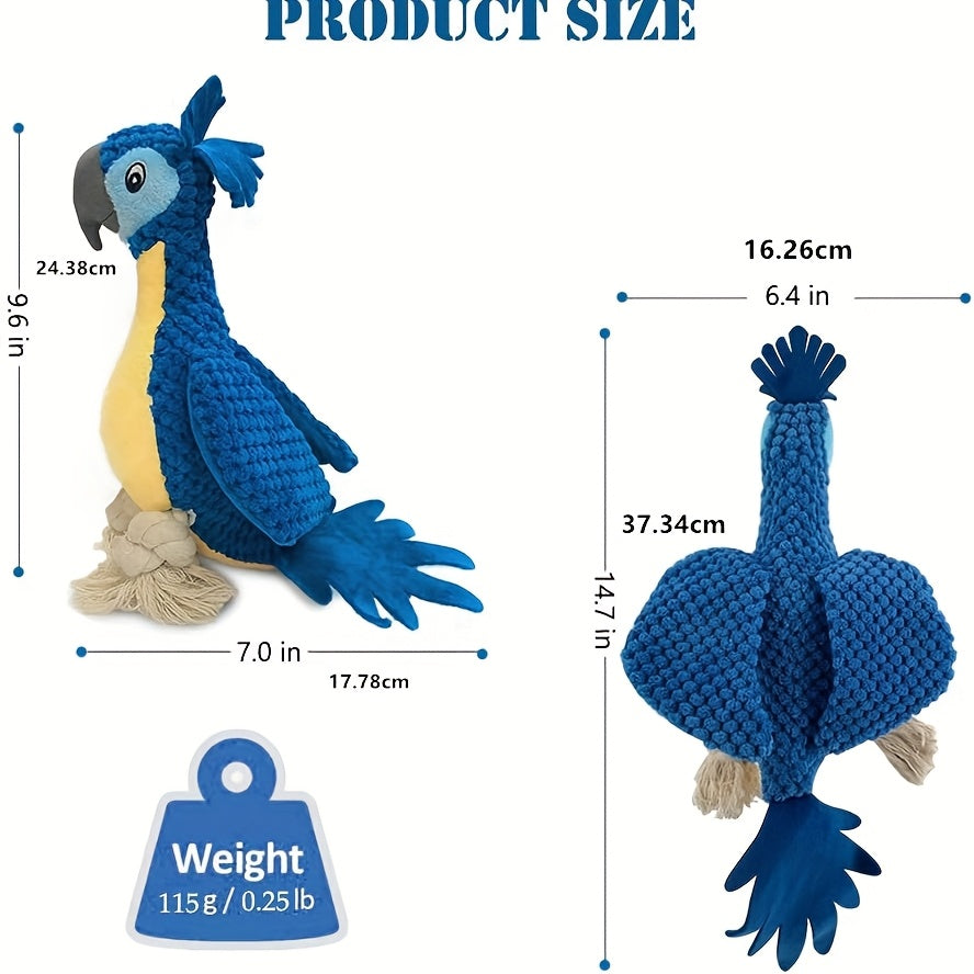 Squeaky Blue Crowned Parrot Plush Dog Toy with Rope - Durable Chew-Resistant Soft & Safe Design for Teething, Interactive Play for All Breeds & Sizes (Small to Large Dogs), Interactive Dog Toy | Cartoon Parrot Design | Durabl
