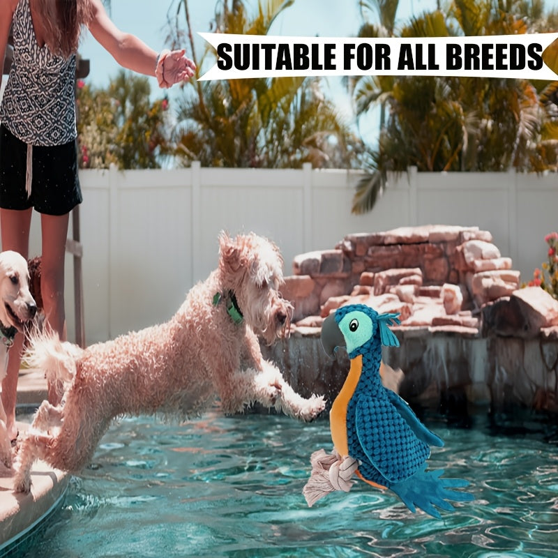 Squeaky Blue Crowned Parrot Plush Dog Toy with Rope - Durable Chew-Resistant Soft & Safe Design for Teething, Interactive Play for All Breeds & Sizes (Small to Large Dogs), Interactive Dog Toy | Cartoon Parrot Design | Durabl