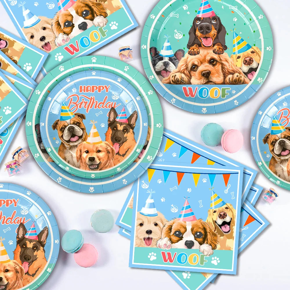 Puppy Birthday Party Supplies for Kids,97pcs Birthday Party Supplies&Tableware Set Dog Party Plates Cups Napkins Banner Balloon