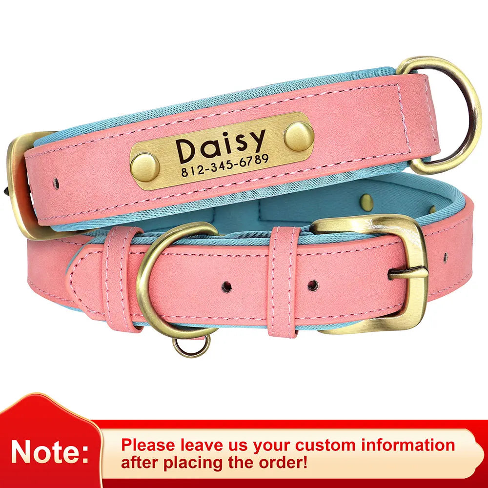 Customized PU Leather Nameplate Dog Collar Soft Padded Dogs Collars Free Engraving Name for Small Medium Large Dogs Adjustable