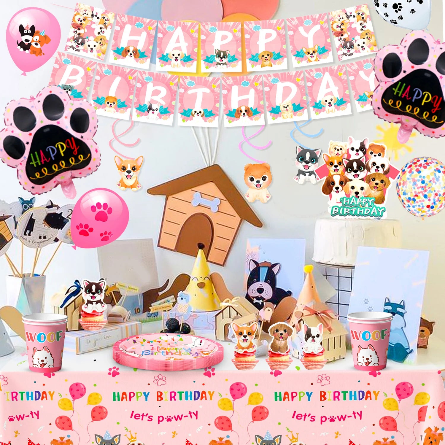 Puppy Birthday Decorations,99pcs Decorations&Pink Dog Tableware Set- Plates Cups Napkins&Birthday Banner Balloons Cupcake etc