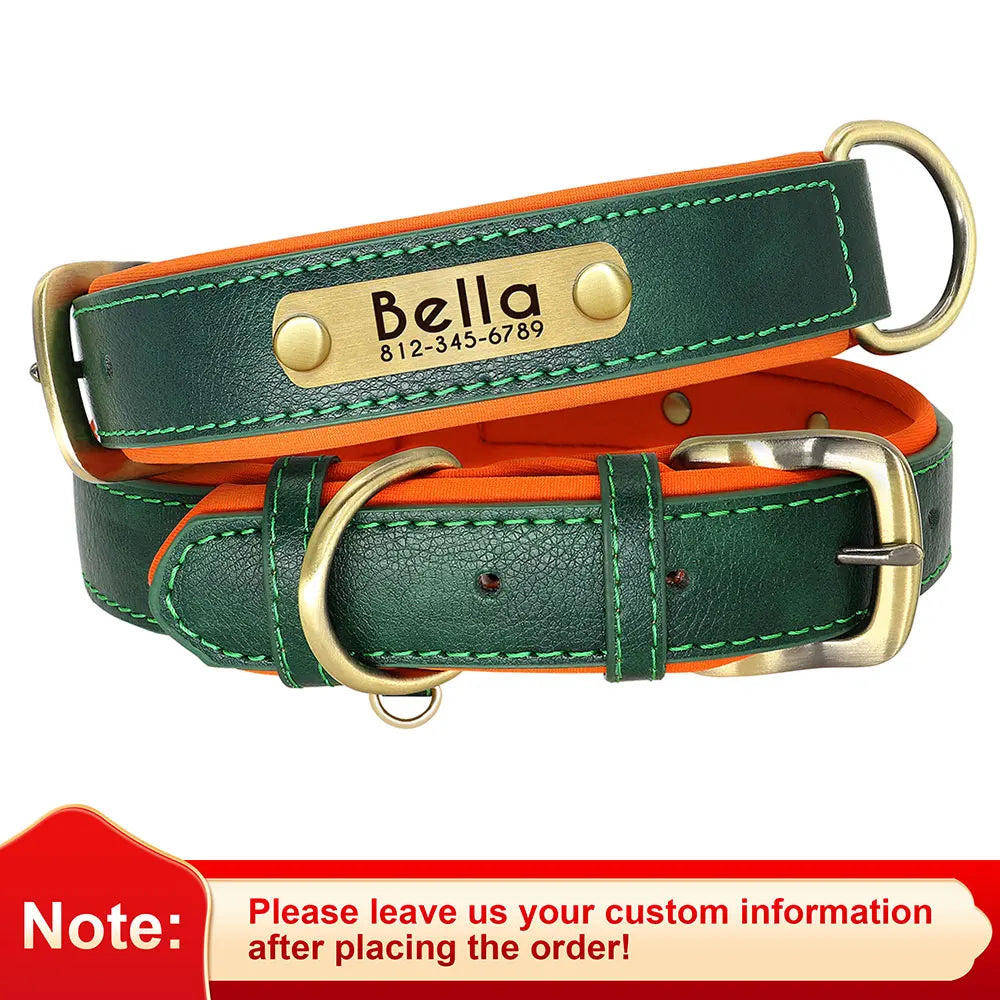 Customized PU Leather Nameplate Dog Collar Soft Padded Dogs Collars Free Engraving Name for Small Medium Large Dogs Adjustable
