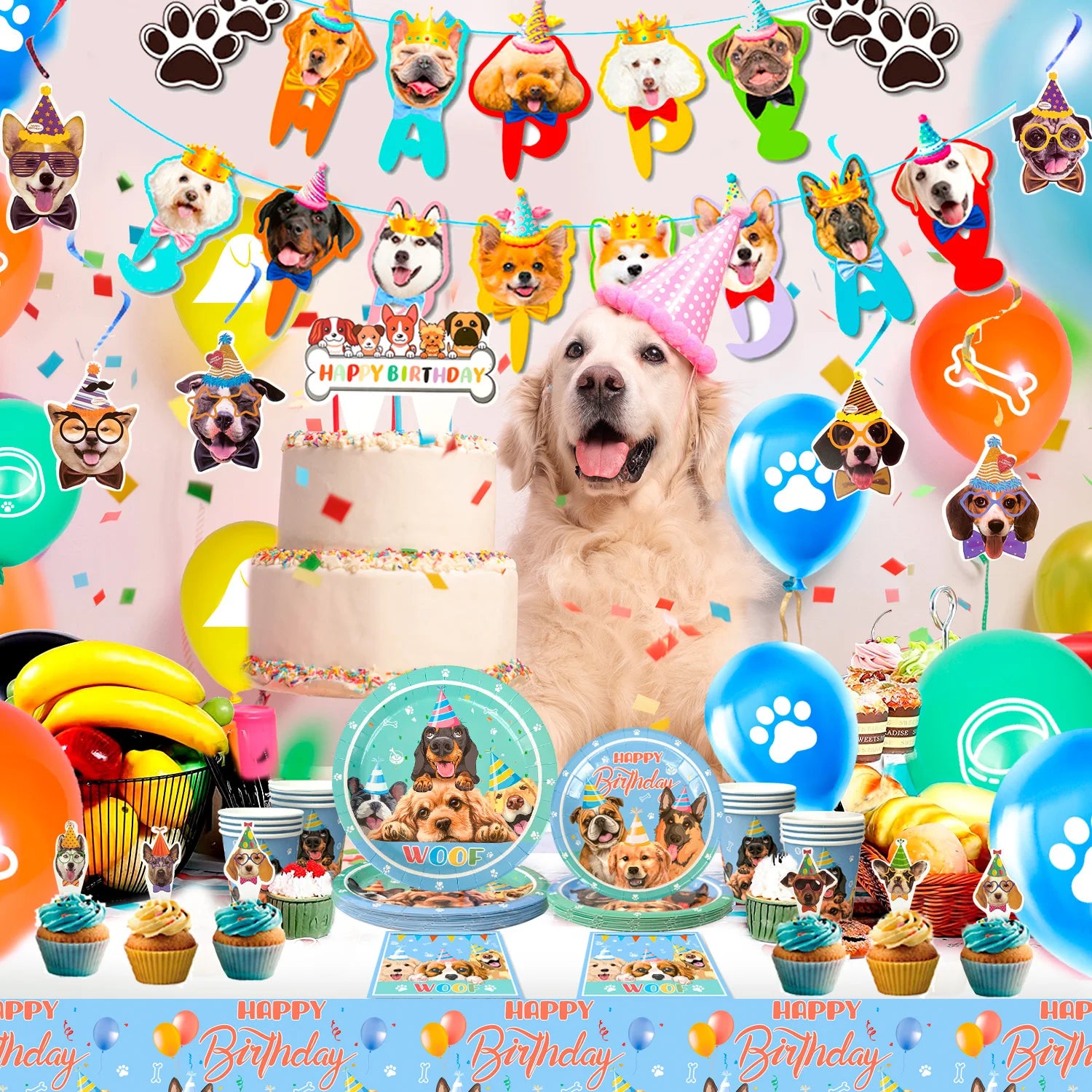 Puppy Birthday Party Supplies for Kids,97pcs Birthday Party Supplies&Tableware Set Dog Party Plates Cups Napkins Banner Balloon