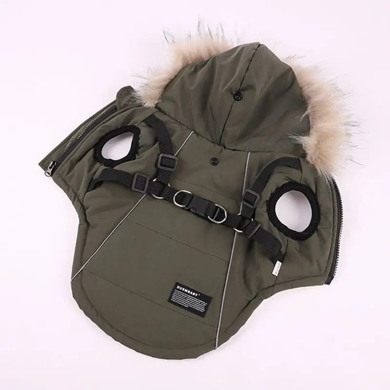 Autumn Winter Warm Pet Dog Jacket With Harness Hooded Dog Padded Coat with Imitation Fur Hat For Small Medium Dogs Puppy Coat