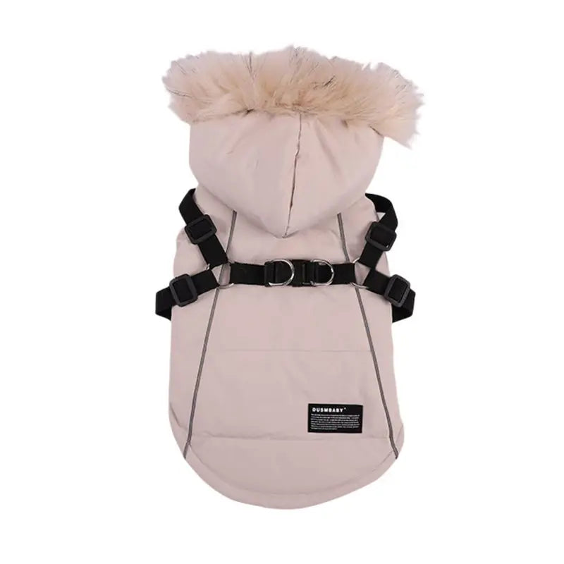 Autumn Winter Warm Pet Dog Jacket With Harness Hooded Dog Padded Coat with Imitation Fur Hat For Small Medium Dogs Puppy Coat