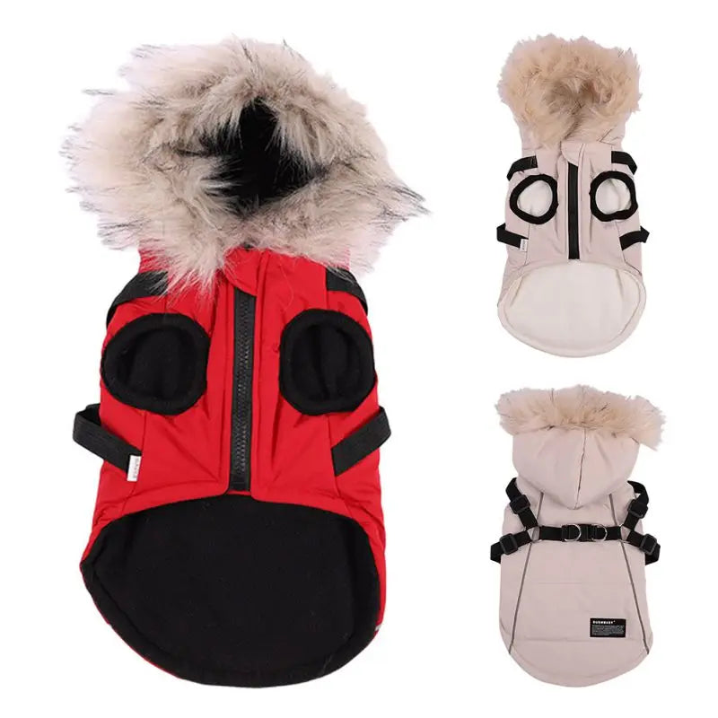 Autumn Winter Warm Pet Dog Jacket With Harness Hooded Dog Padded Coat with Imitation Fur Hat For Small Medium Dogs Puppy Coat