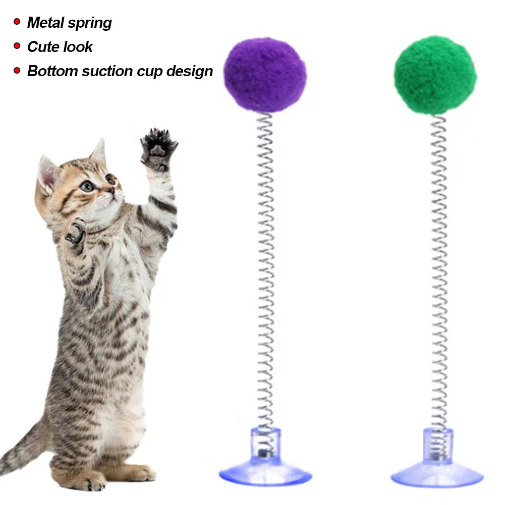 1pc Fur Ball Spring Cat Toy Suction Cup Multicolored Teaser Wand Pet Interactive Toys Cat Scratcher Toys Supplies Random Color
