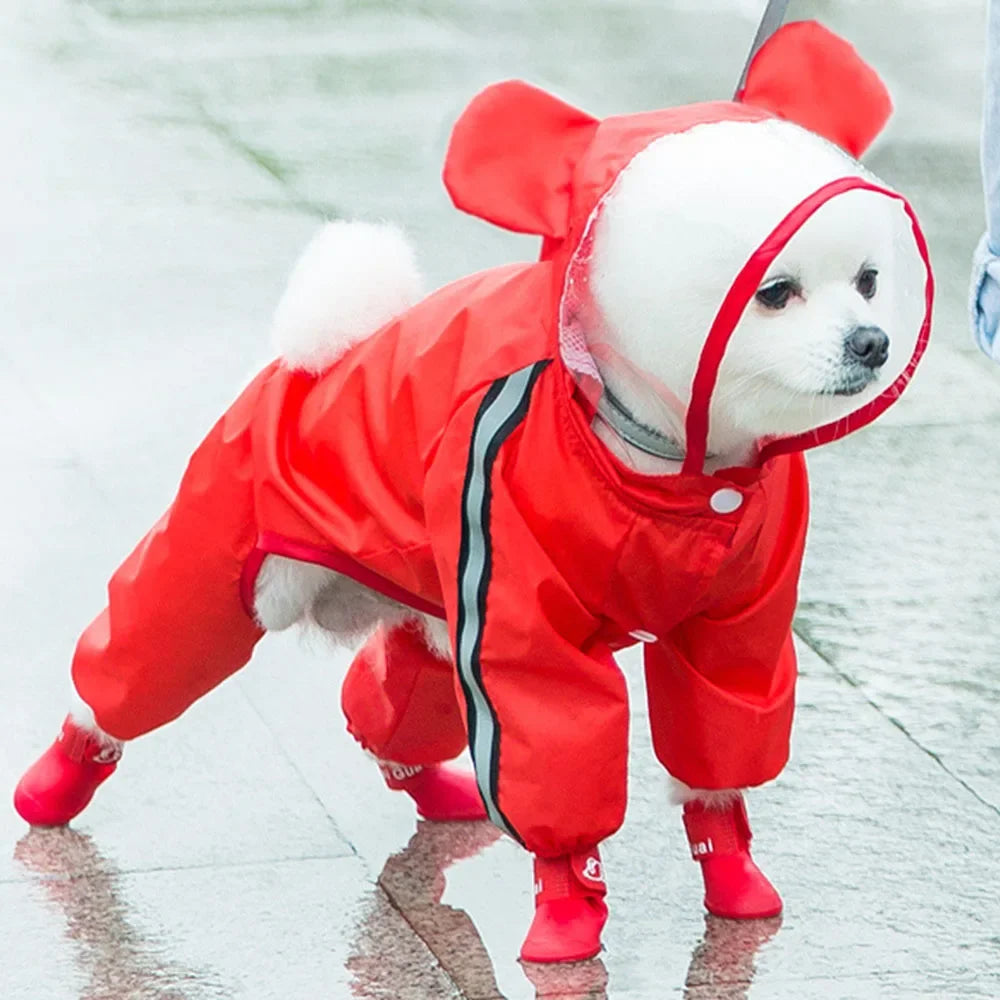 Cute Bear Shape Dog Raincoat Puppy Rain Jacket Full Body Coverage with Hat Reflective Double Layered Waterproof Dog Hooded Cloak