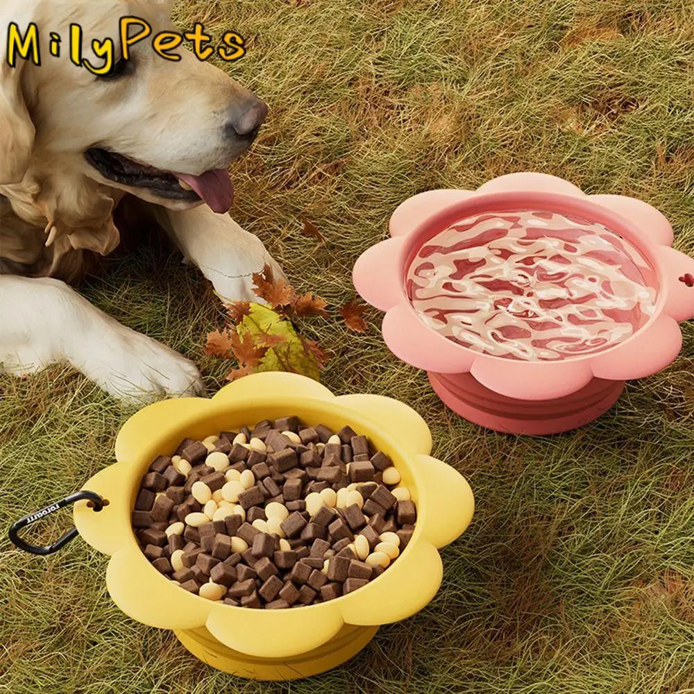 BPA Free Collapsible Dog Bowl Portable with Carabiner Folding Silicone Dish Flower Shape Easy To Clean Food Water Feeding Tray