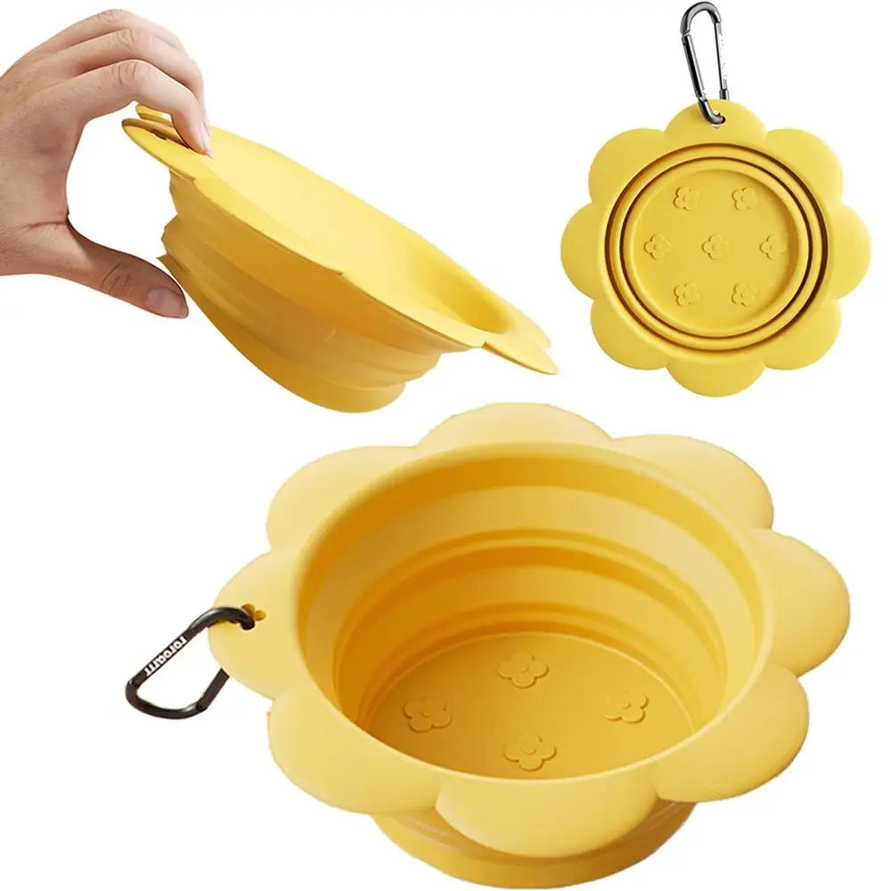 BPA Free Collapsible Dog Bowl Portable with Carabiner Folding Silicone Dish Flower Shape Easy To Clean Food Water Feeding Tray