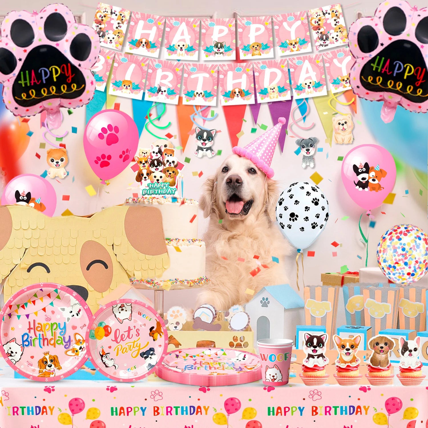 Puppy Birthday Decorations,99pcs Decorations&Pink Dog Tableware Set- Plates Cups Napkins&Birthday Banner Balloons Cupcake etc