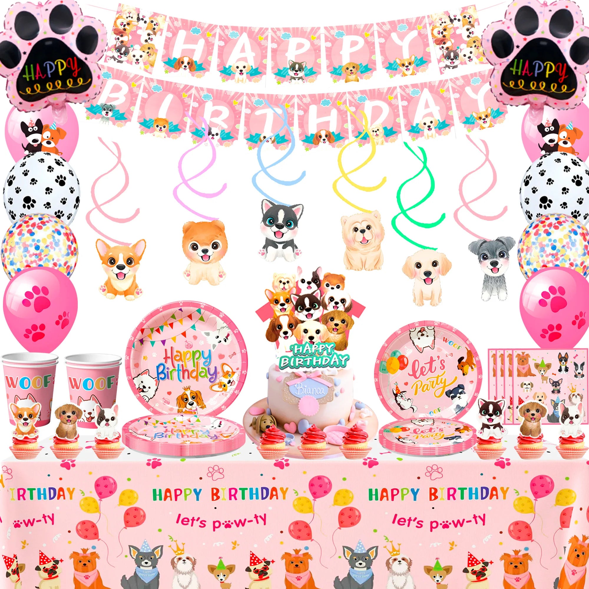 Puppy Birthday Decorations,99pcs Decorations&Pink Dog Tableware Set- Plates Cups Napkins&Birthday Banner Balloons Cupcake etc