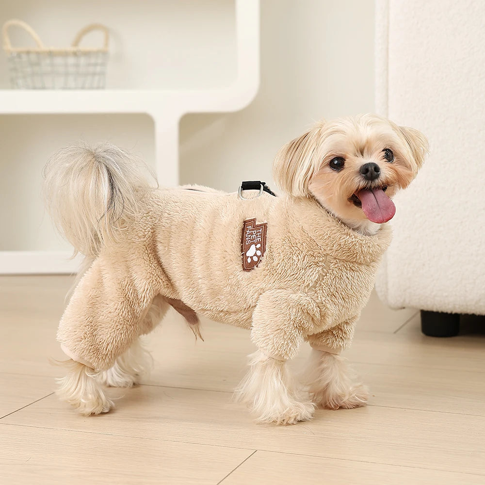 Soft Fleece Dog Clothes Winter Four Legs Covered  Plush Pet Coat D-Ring Zipper Puppy Jacket Autumn Overall For Small Middle Dog