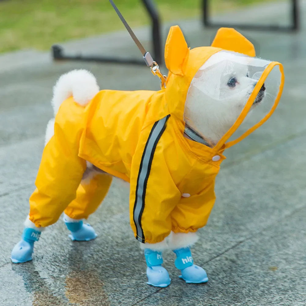 Cute Bear Shape Dog Raincoat Puppy Rain Jacket Full Body Coverage with Hat Reflective Double Layered Waterproof Dog Hooded Cloak