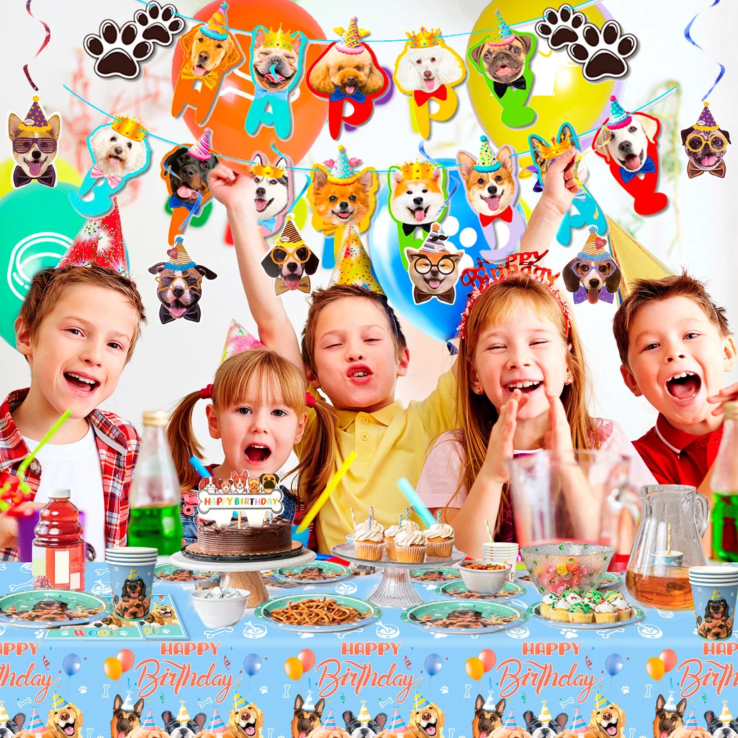 Puppy Birthday Party Supplies for Kids,97pcs Birthday Party Supplies&Tableware Set Dog Party Plates Cups Napkins Banner Balloon