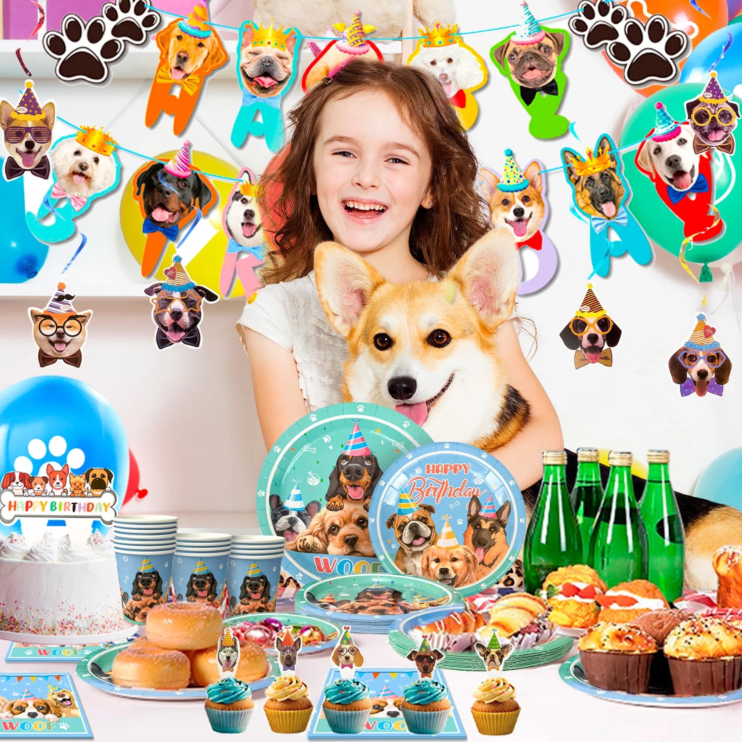 Puppy Birthday Party Supplies for Kids,97pcs Birthday Party Supplies&Tableware Set Dog Party Plates Cups Napkins Banner Balloon
