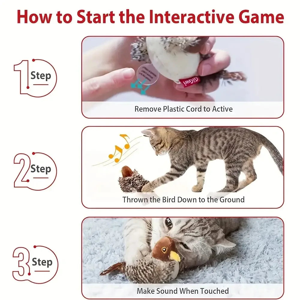 nteractive Touch-Activated Flapping Bird Cat Toy Plush Sparrow Kicking Toy with Realistic Chirping Sound, Suitable for Exercise