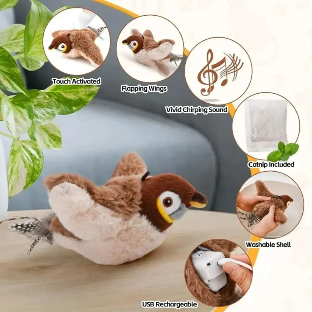 Hot Cat Interactive Toy - Electric Flapping Bird, USB Rechargeable, Touch-Activated Squeaky Plush w/Catnip for Cats & Small Dogs