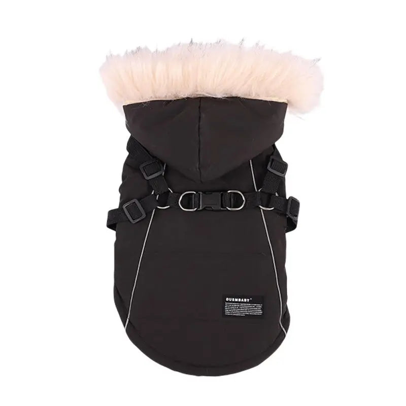 Autumn Winter Warm Pet Dog Jacket With Harness Hooded Dog Padded Coat with Imitation Fur Hat For Small Medium Dogs Puppy Coat