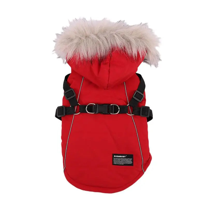 Autumn Winter Warm Pet Dog Jacket With Harness Hooded Dog Padded Coat with Imitation Fur Hat For Small Medium Dogs Puppy Coat