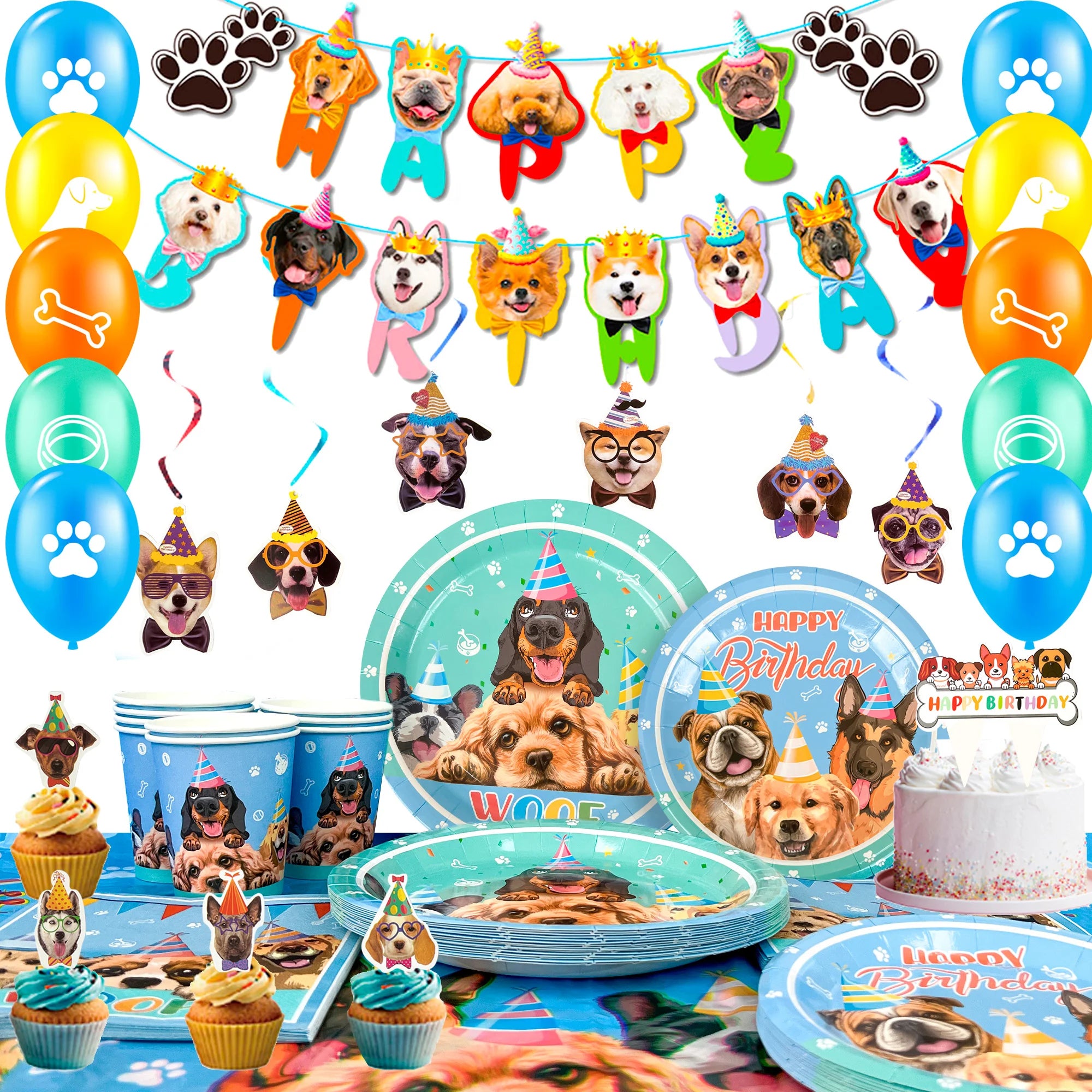 Puppy Birthday Party Supplies for Kids,97pcs Birthday Party Supplies&Tableware Set Dog Party Plates Cups Napkins Banner Balloon