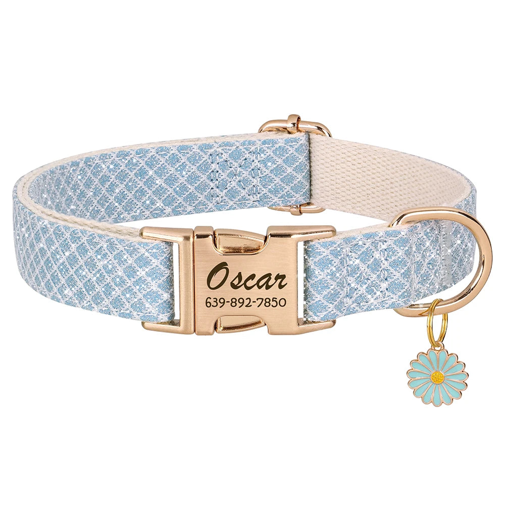 Bling Nylon Custom Dog Collar Cute Flower Tag Dog Collars Engraving Pet Name ID Buckle Necklace For Small Large Dogs Chihuahua