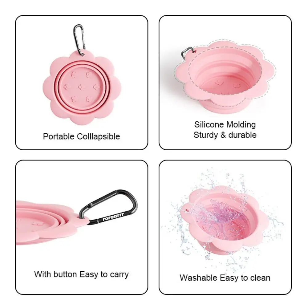 BPA Free Collapsible Dog Bowl Portable with Carabiner Folding Silicone Dish Flower Shape Easy To Clean Food Water Feeding Tray