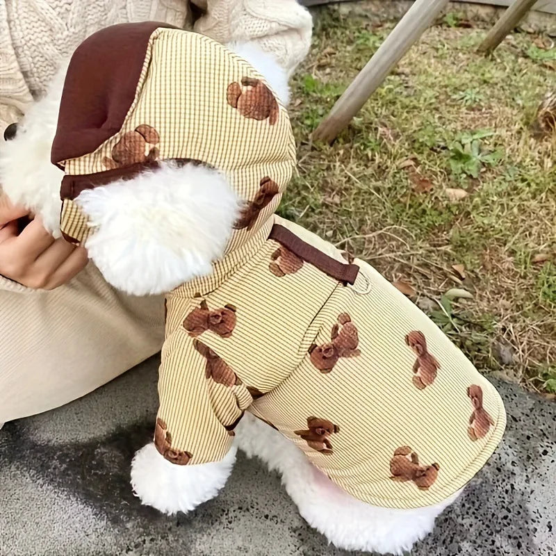 Winter Bear Print Dog Jacket Coat with Hat Fashion Dog Clothes Puppy Down Jacket Thickened Cat Overcoat Poodle Pet Outfits