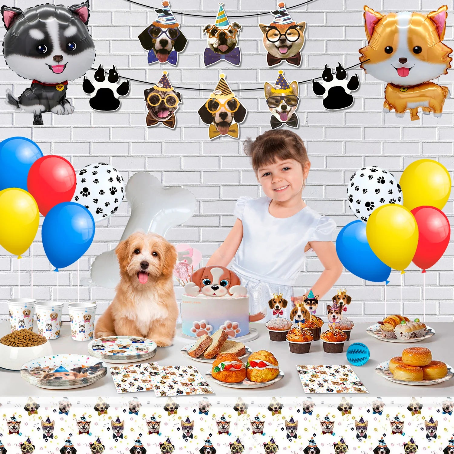 Puppy Dog Birthday Party Supplies,93pcs Decorations&Dog Birthday Party Tableware Set-Banner,Puppy Balloons Party Plates etc