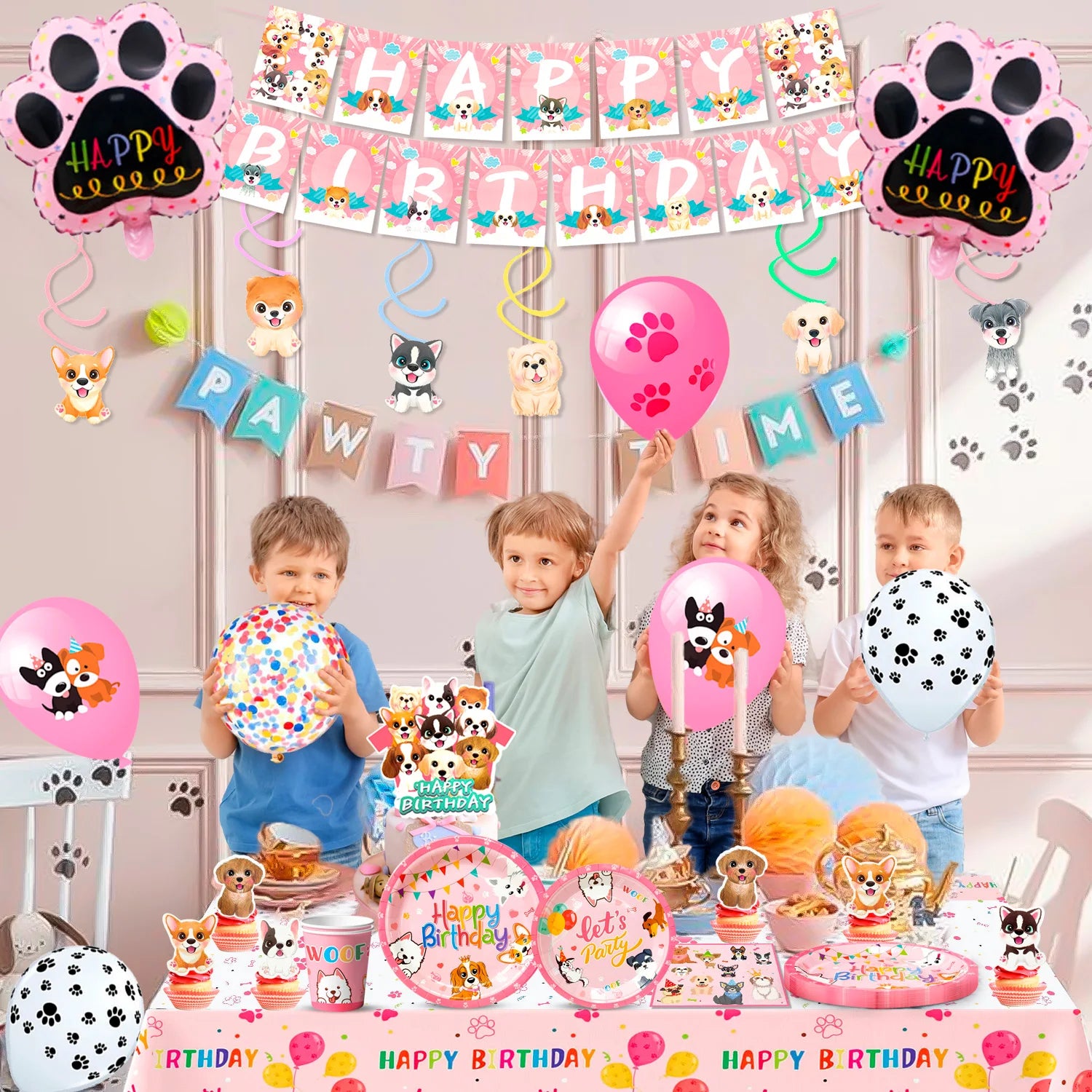 Puppy Birthday Decorations,99pcs Decorations&Pink Dog Tableware Set- Plates Cups Napkins&Birthday Banner Balloons Cupcake etc
