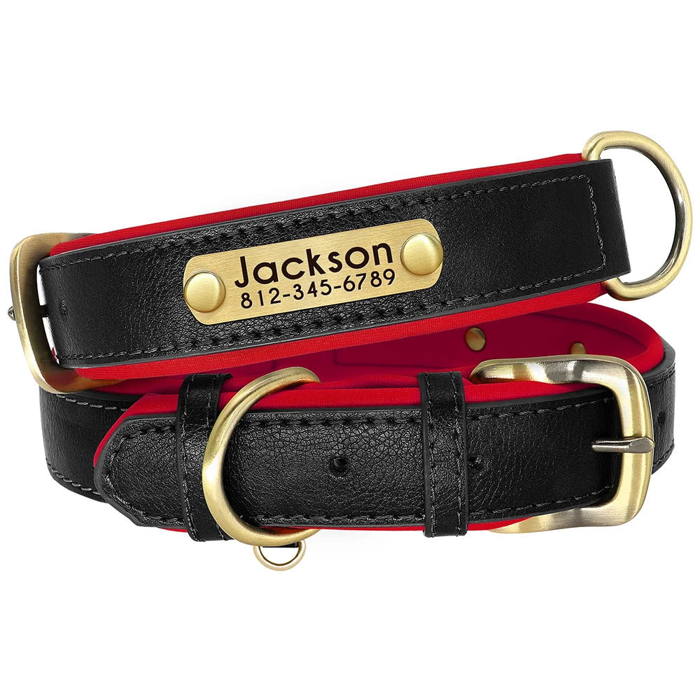 Customized PU Leather Nameplate Dog Collar Soft Padded Dogs Collars Free Engraving Name for Small Medium Large Dogs Adjustable