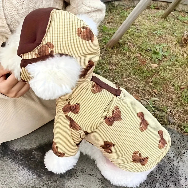 Winter Bear Print Dog Jacket Coat with Hat Fashion Dog Clothes Puppy Down Jacket Thickened Cat Overcoat Poodle Pet Outfits